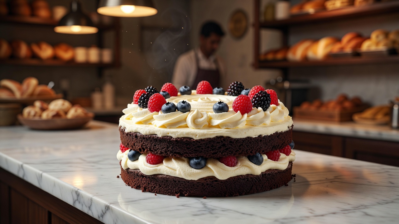 Concept image of a chocolate celebration cake on a bakery counter